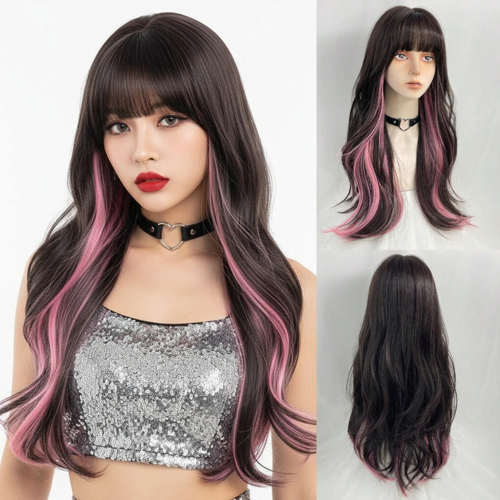 

Long Black-brown Mixed Pink Curly Synthetic Wig with Bangs for Women Cosplay Lolita Halloween Party Pink Fake Hair