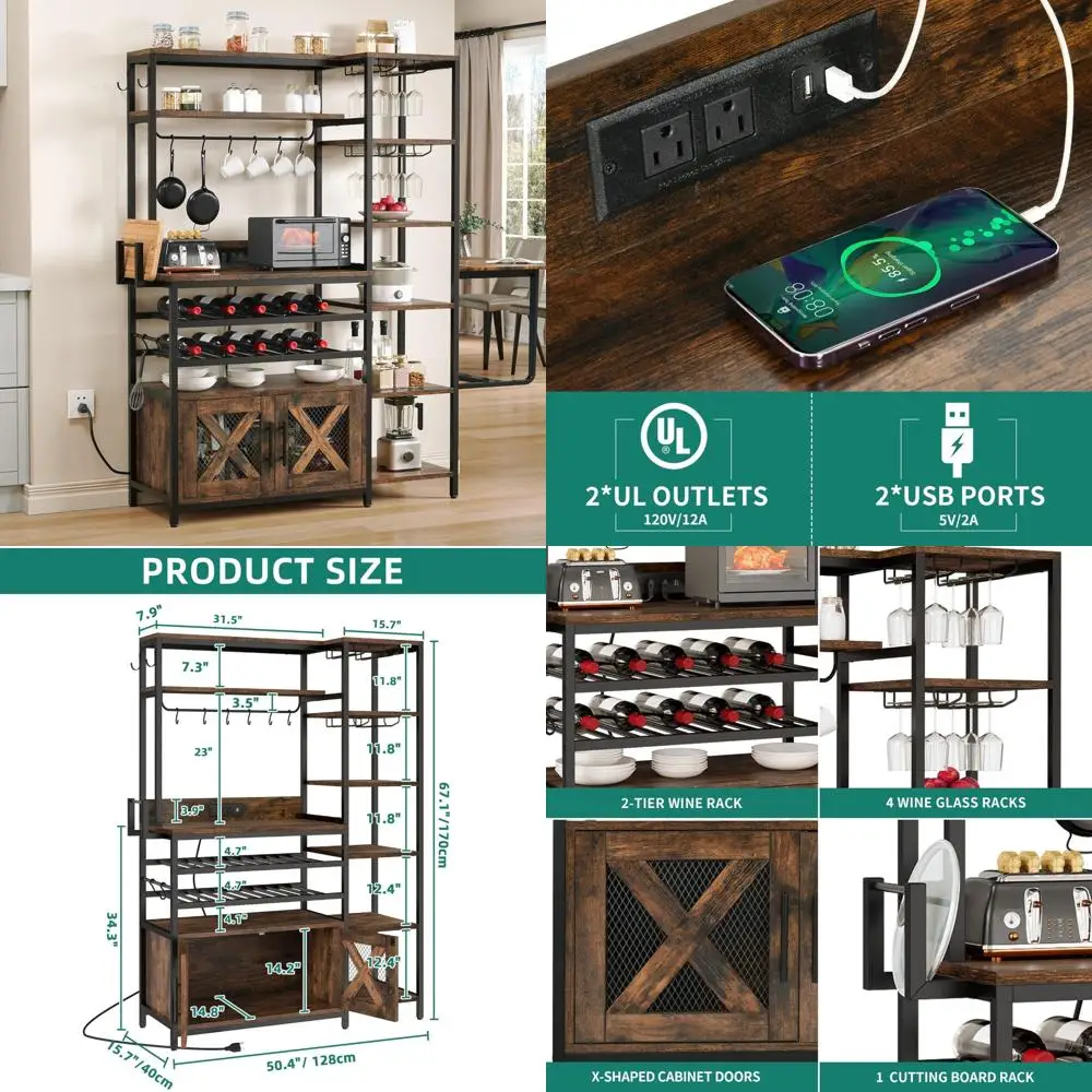 

Large 6-Tier L-Shaped Wine Rack with Power Outlet and Glass Holder for Home Liquor Bar Cabinet