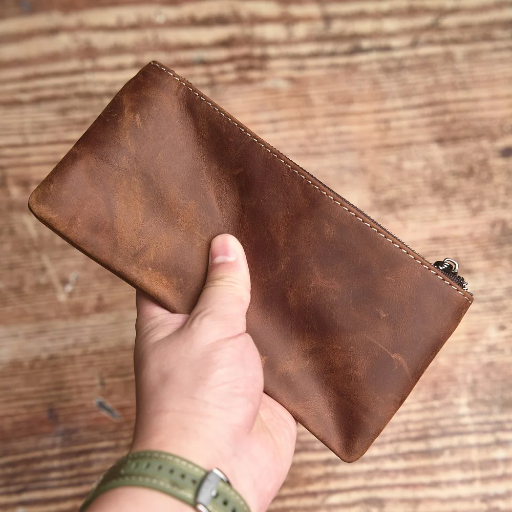 ZRCX Herren-Geldbörse aus echtem Leder mit langem Reißverschluss, erste Schicht aus Rindsleder, ultradünne Jugend-Handtaschen-Geldbörse, trendige Marke, einfache Geldbörse – Detail 15
