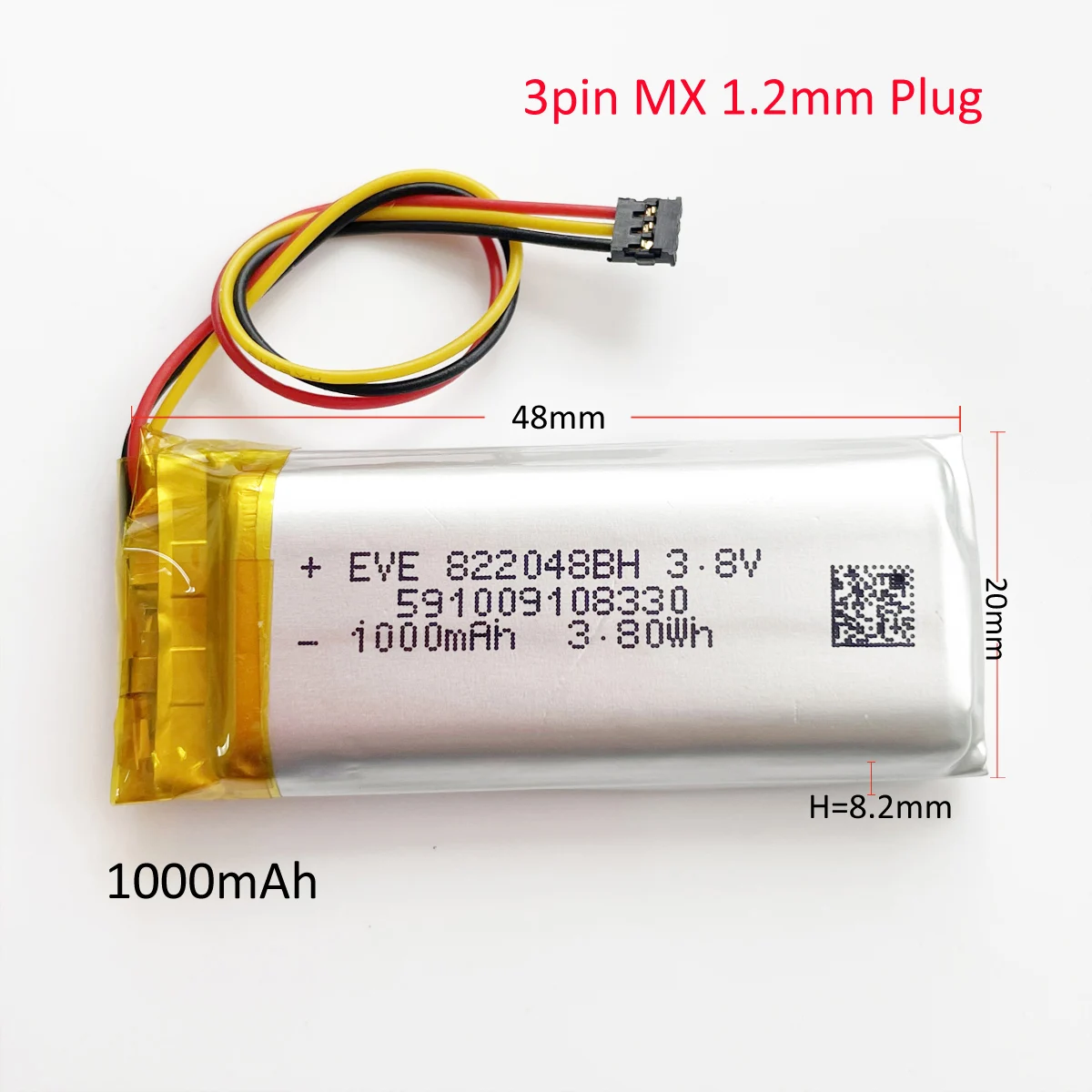 3.8V 1000mAh 3.8wh Lipo Rechargeable Battery 822048 + JST 3pin MX 1.2mm Plug For MP3 GPS Recorder Headset Valve Index Controller