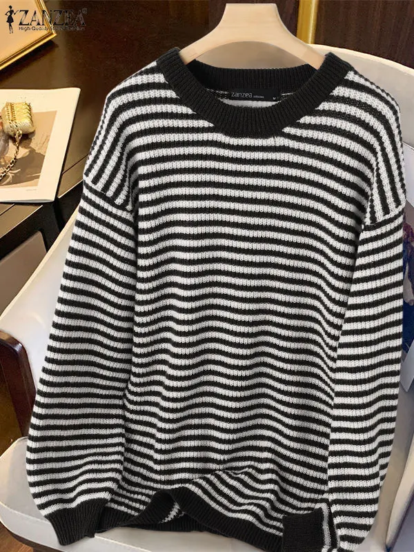 

ZANZEA 2025 Autumn Women PulloversLong Puff Sleeve Striped Knitted Sweater Round Neck Off Shoulder Casual Solid Fashion Jumpers