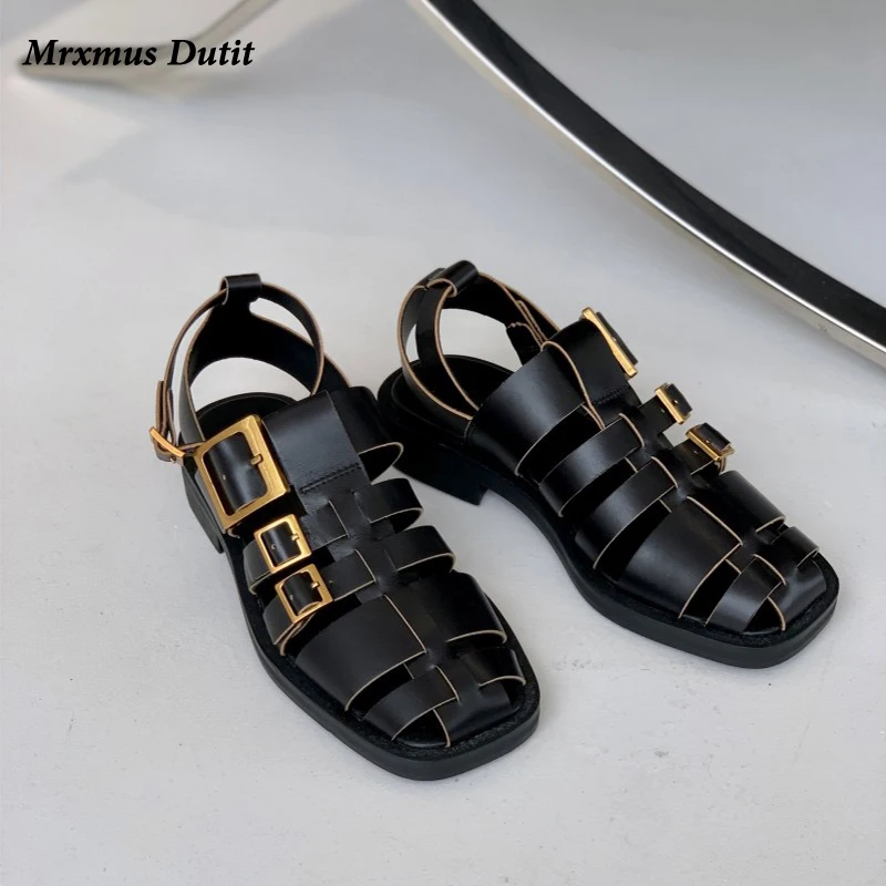 Mrxmus Dutit 2023 New Spring Summer Women Fashion Genuine Leather Flat Sandals Shoes Simple Elegant Casual Roman Shoes Female