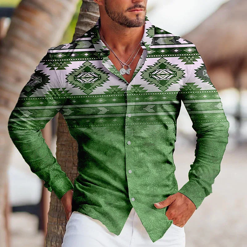 Men's Fashion Vintage Tribal Sport Men's Party Clear Graphic Shirt Lapel Button Down Shirt Casual Purple Blue Tops 2027 New
