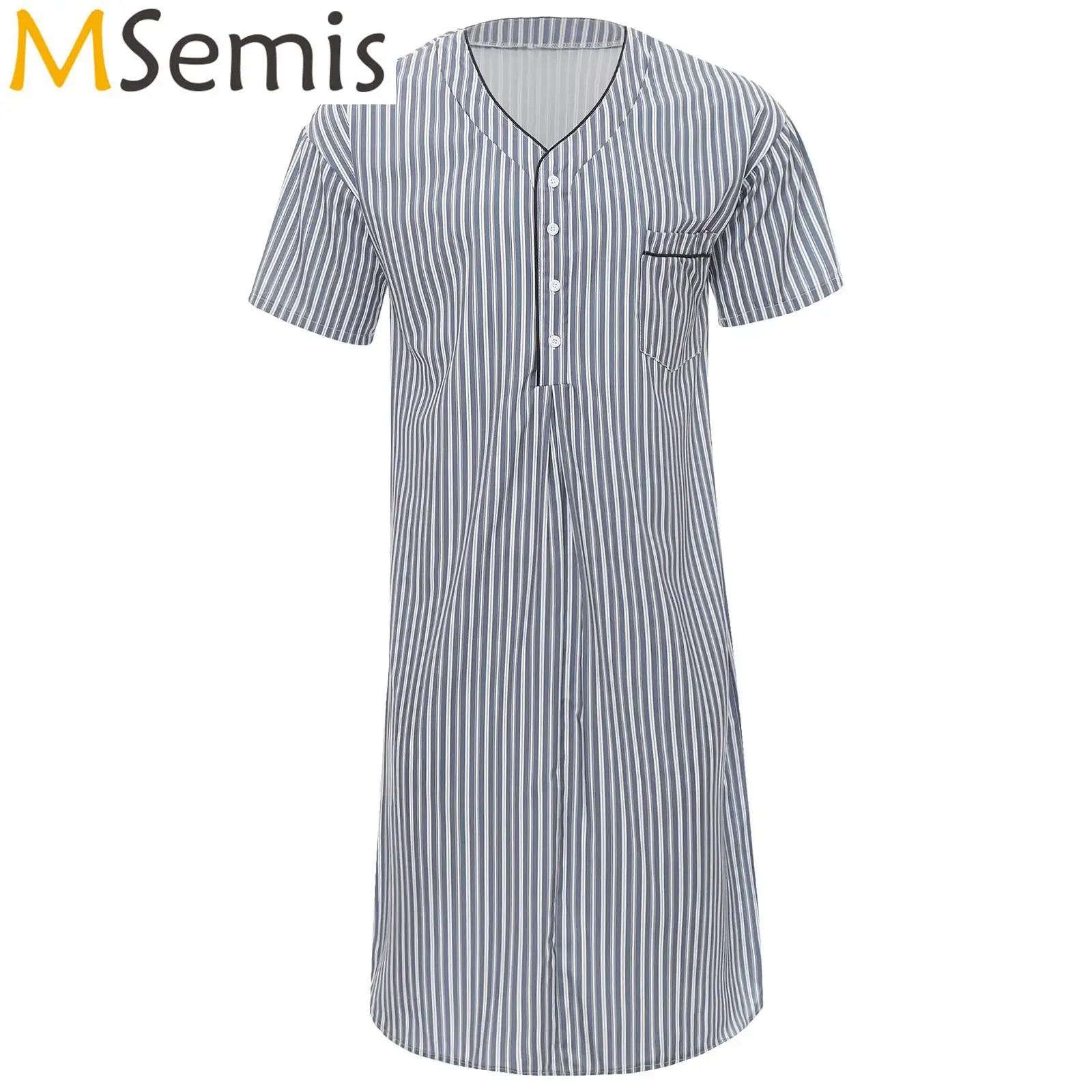

Mens Summer Thin Muslim Thobe Striped Nightgown Buttoned V Neck Split Hem Pullover Robe Pajamas Kaftan Jubba Tunics Sleep Dress