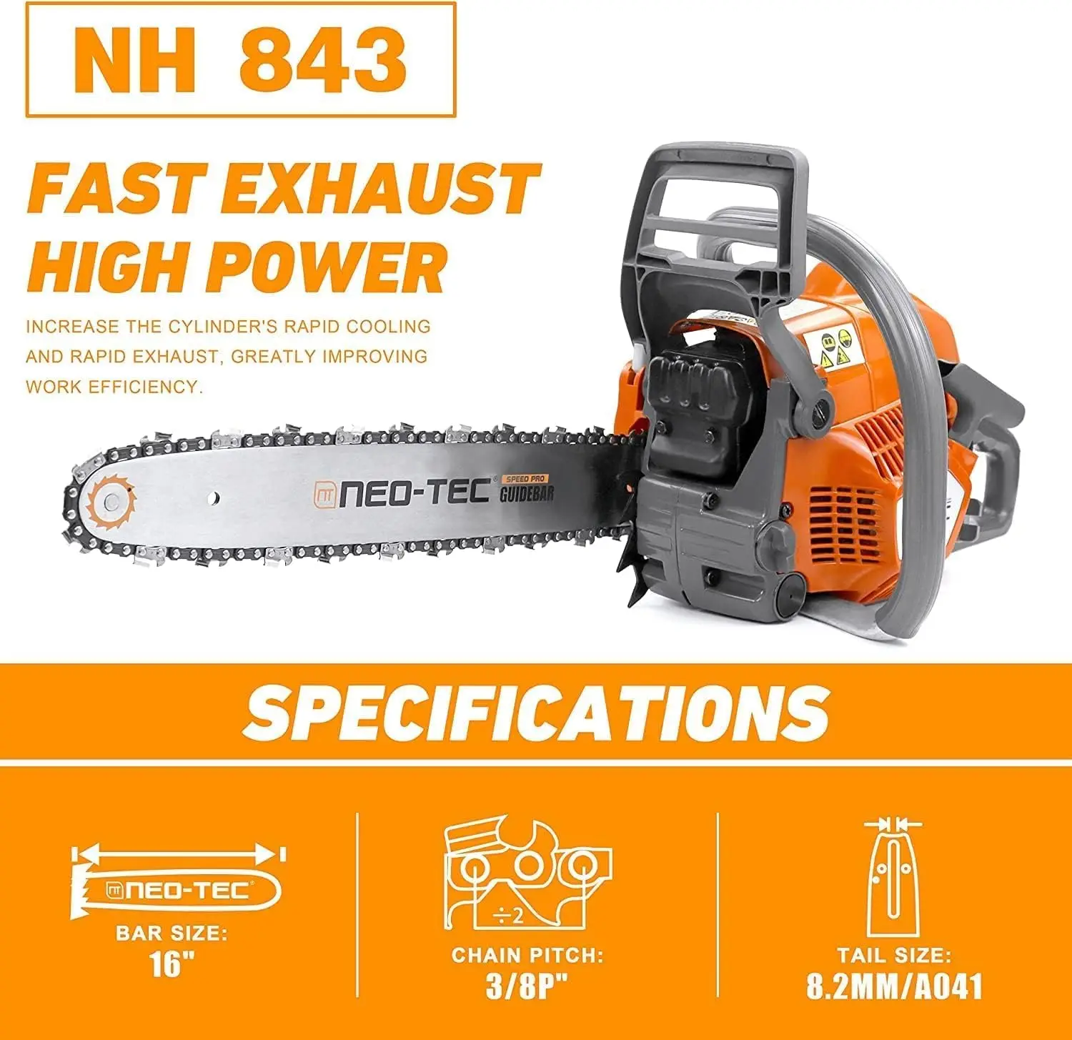 Neotec 43Cc Gas Chainsaw Nh843 With 16 Inch Guide Bar And Chain, Power Chain Saw 2.95Hp 2,2Kw 16