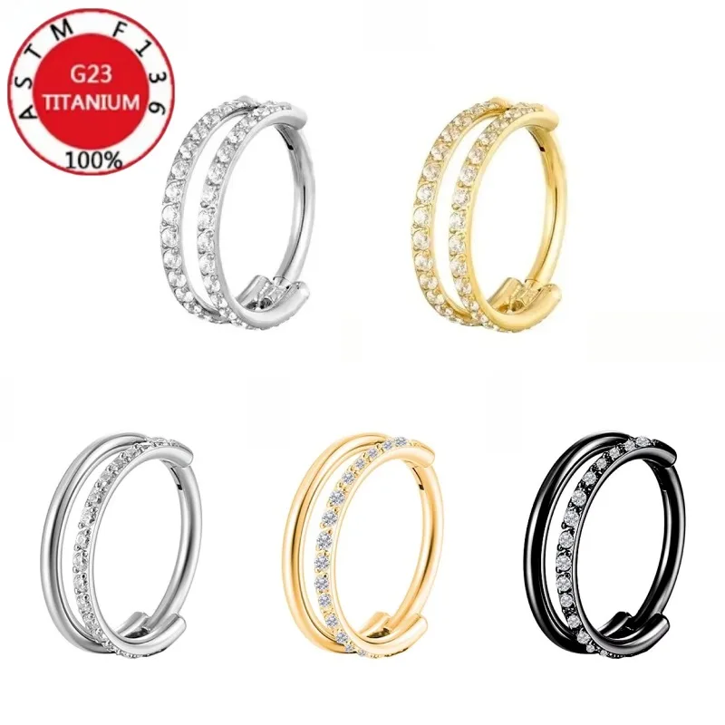 2/5Pcs G23 Titanium 16G Double Layer Zircon Clicker Nose Ring Septum Hinged Segment Earrings Tragus Piercing Body Jewelry