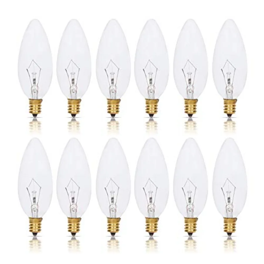 

Candelabra Torpedo Clear B10 CTC 40W E12 Base 12 Pack Decorative Incandescent Light Bulbs 120V for Chandeliers, Ceiling Fan Lig