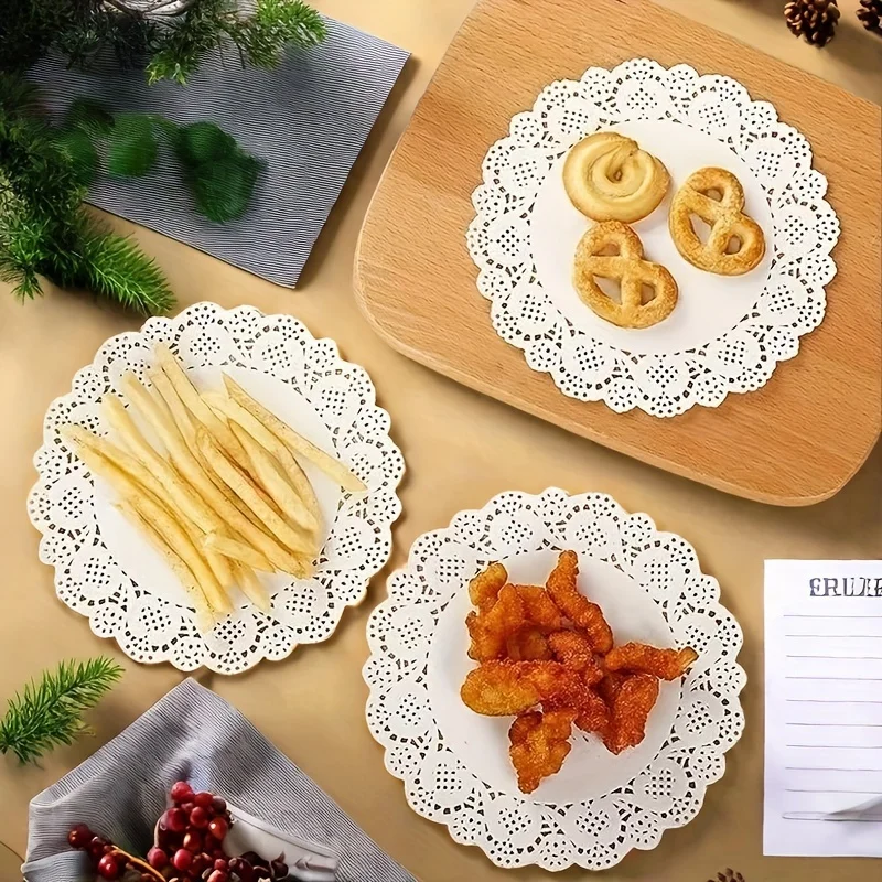 50/100 Stück Tischsets aus Papier mit Spitzenrand, Cupcake-Untersetzer für frittierte Speisen, Desserts, Partys, Hochzeiten, Tischdekoration, Küchen-Backutensilien – Detail 10