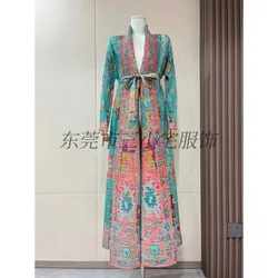KAF Pleated Women Luxury Trench Coat Retro Printed Cardigan Design Loose Large Size Robe 2024 Spring New Female Abaya