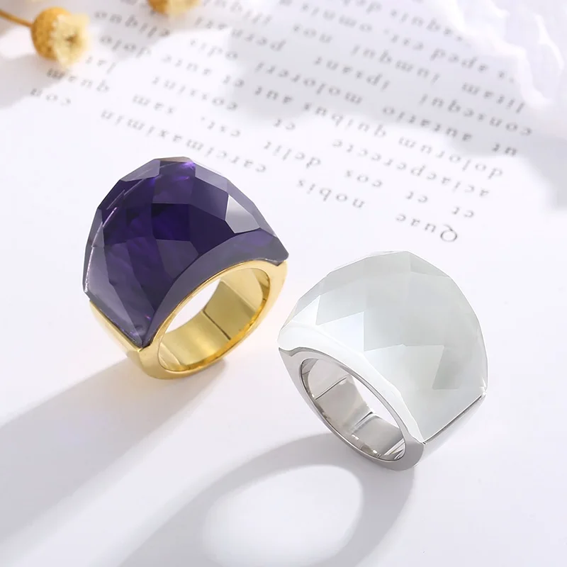 French Crystal Glass Stone Large Ring for Women Girl Gold Silver Color Stainless Steel Knuckle Ring Wedding Party Jewelry Luxury