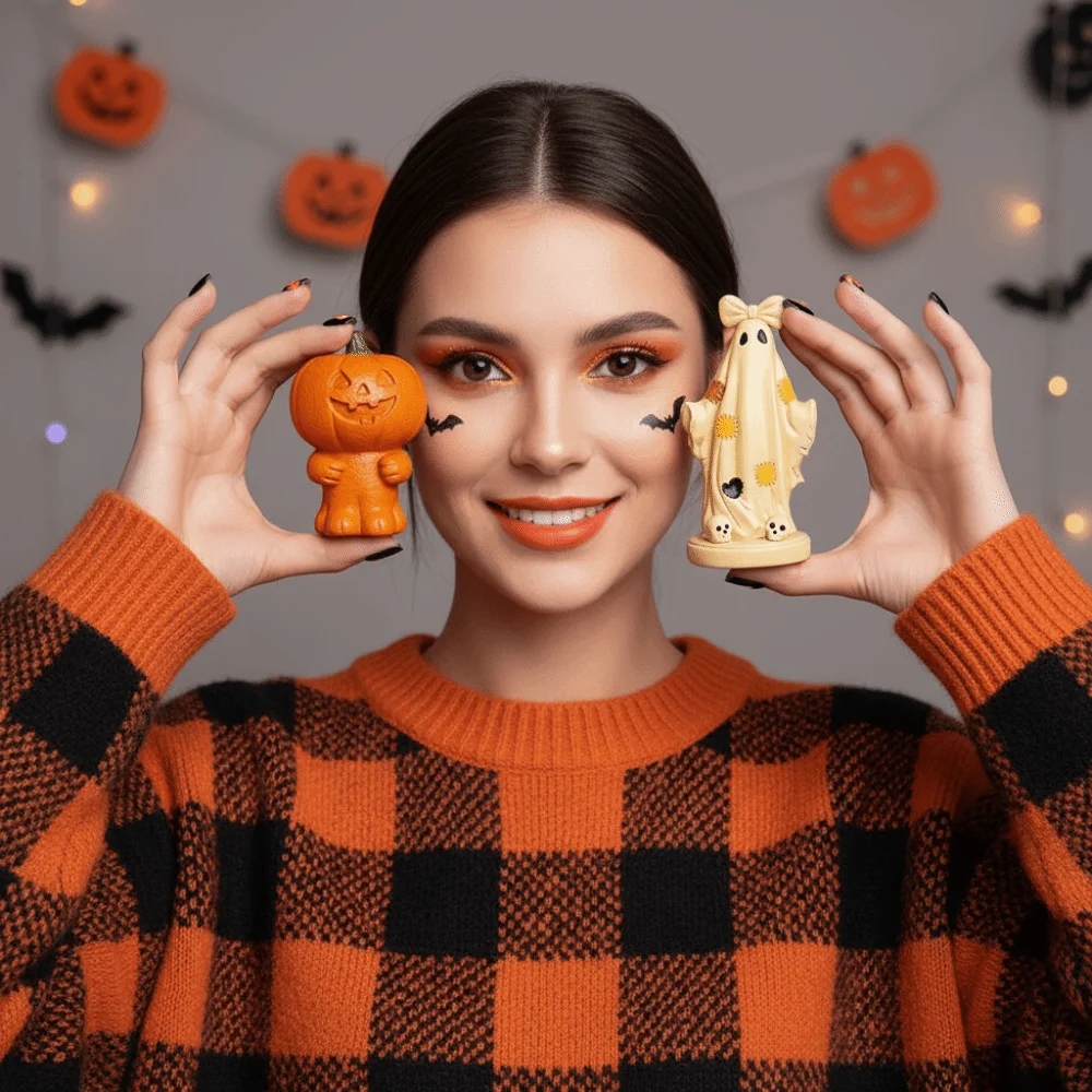 Resin Halloween Figurine Patchwork Detail Cute Design Spooky Statue Art Handpainted Surface Ghost Ornament Home Decorator