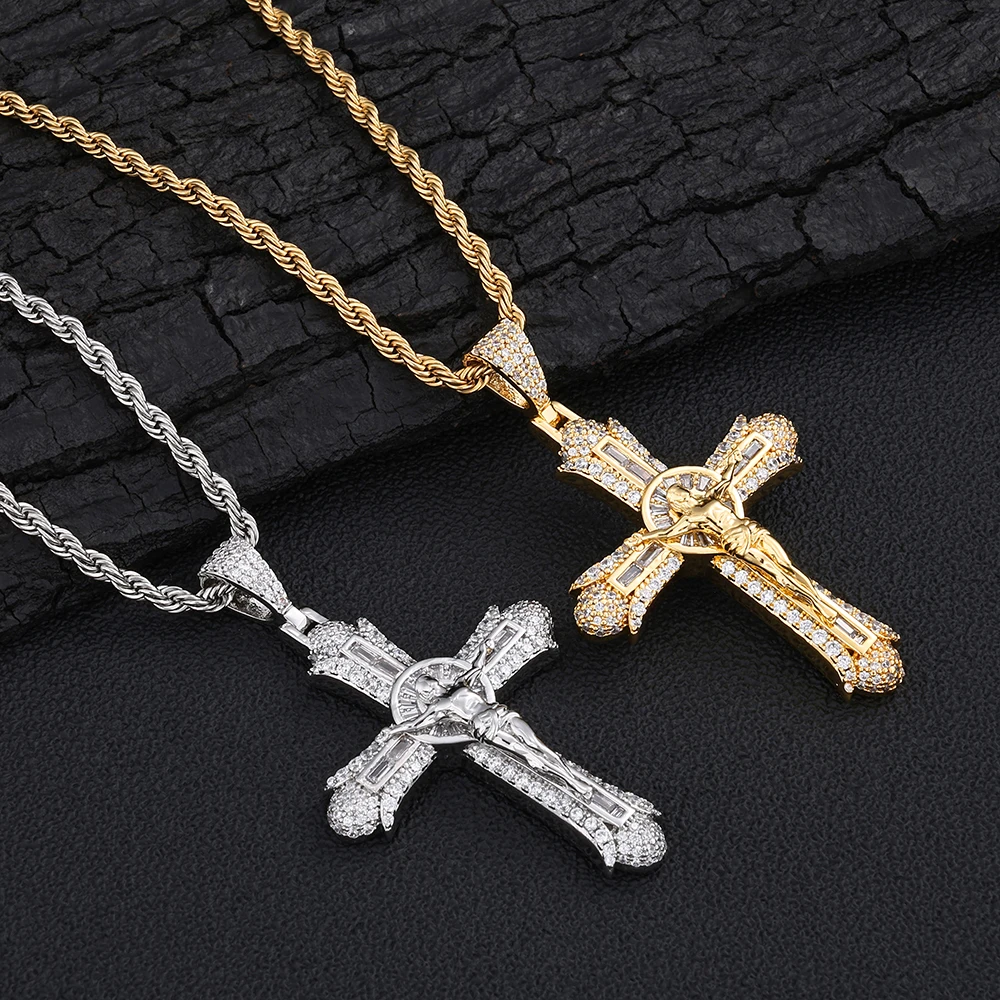 NY Iced Out Jesus Crucifix Cross Pendant Necklace Copper Cubic Zirconia Hip Hop Men Women Fine Pendant Religious Jewelry Gifts
