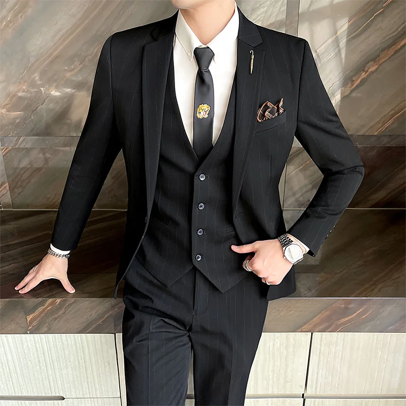 

Мужской свадебный костюм-тройка Slim Fit: повседневный деловой комплект для жениха из полиэстера в полоску, модный городской стиль