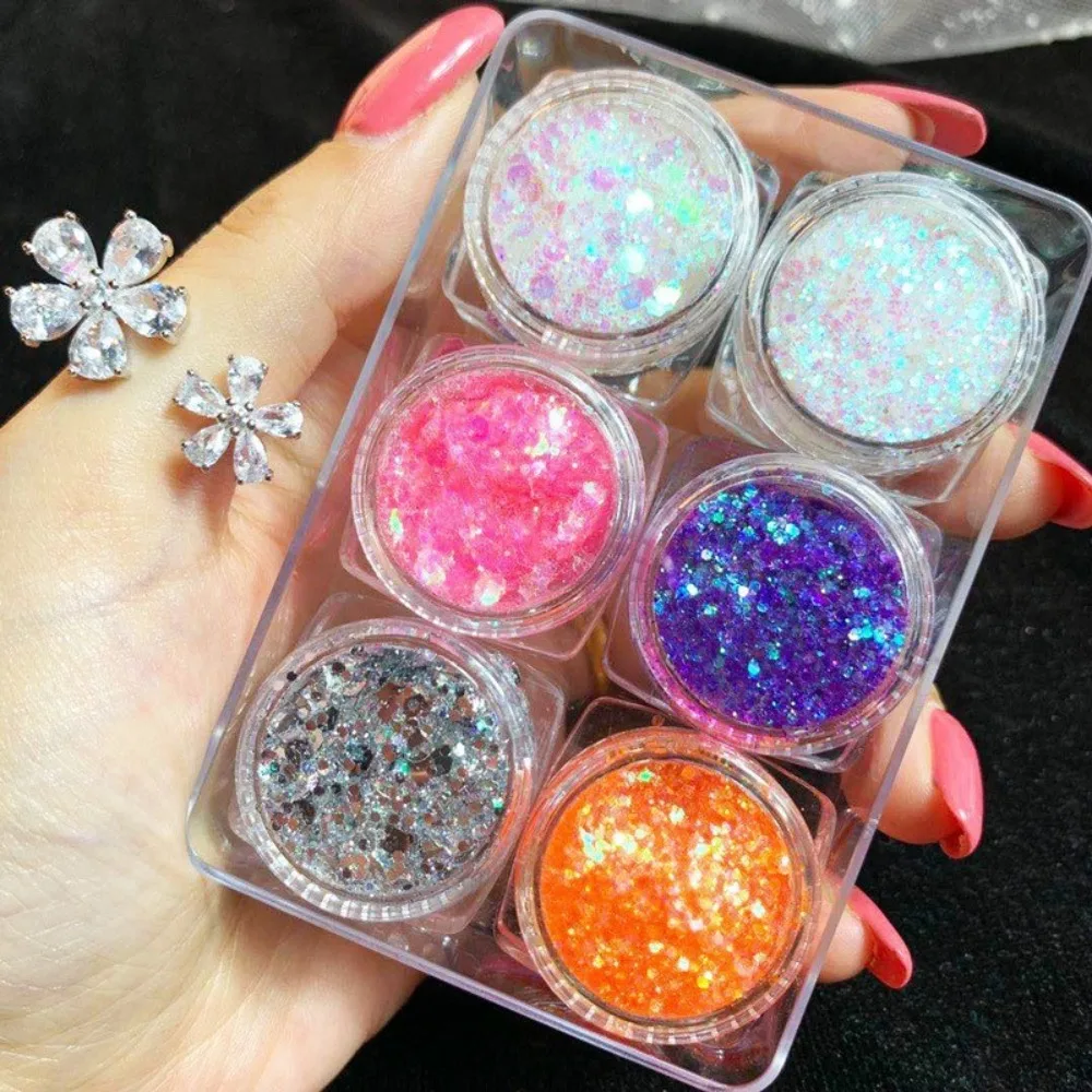 6Jars/Set Fashion Colorful Eyeshadow Glitter Gel Stage Face Hair Heart Star Moon Sequins No Glue Required Body Nail Glitter Gel