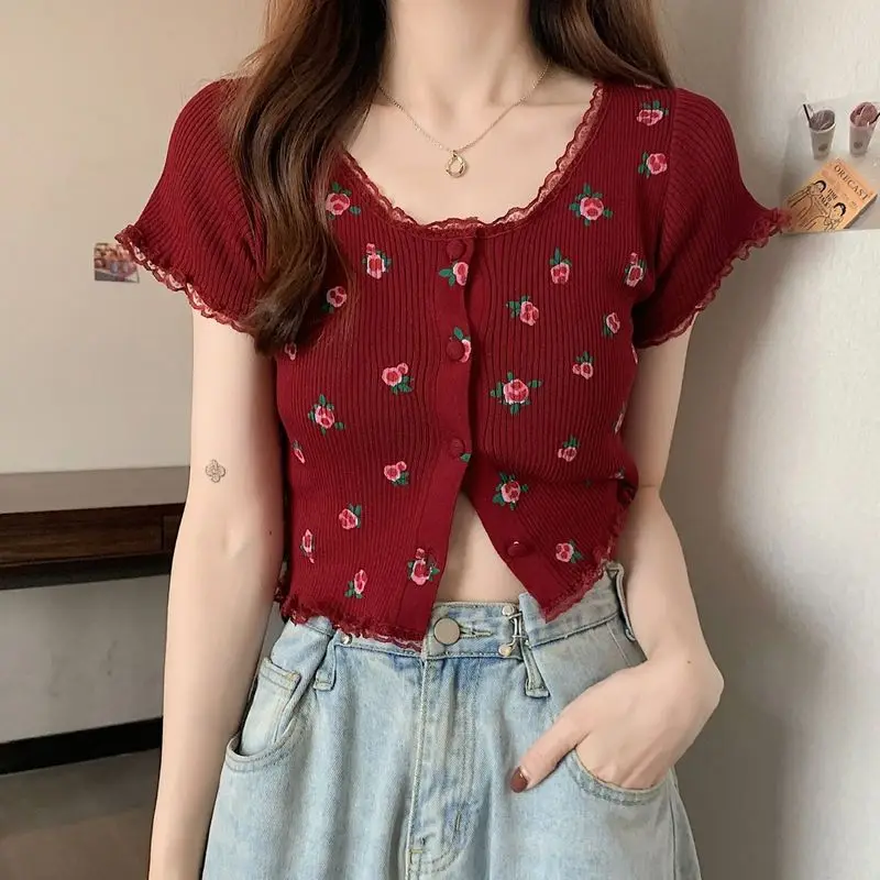 

Summer Women's Flowers Knitted Cardigan Short Top