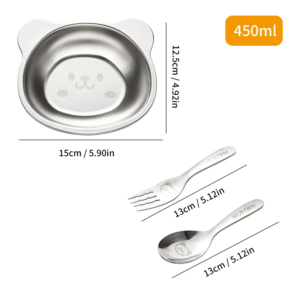 WORTHBUY 304 Stainless Steel Rice Bowl With Cutlery Kid Meal Bowl Anti Scalding Cute Children Food Container 450ML Tableware