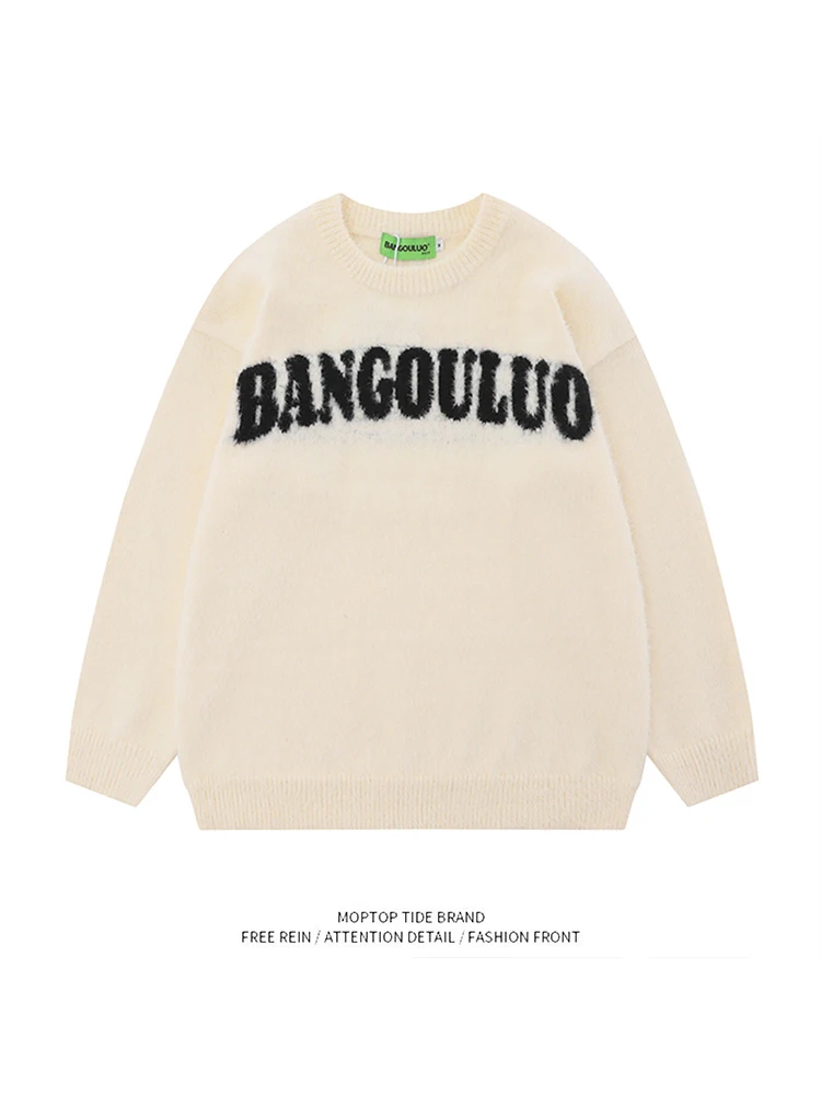 

Ретро-свитер из мягкого норкового трикотажа с вышивкой букв, свободный, вязаный, молодежный, с длинными рукавами и круглым вырезом