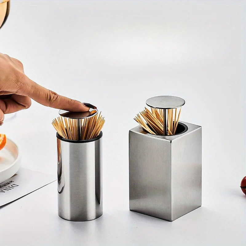 304 Stainless Steel Toothpick Holder Storage Box Press Bracket Automatic Spring Cover Cotton Swab Storage Box Home Decoration