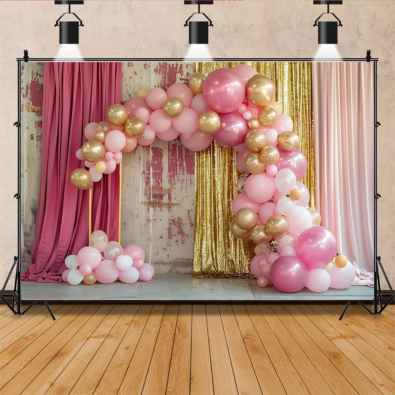 Happy Birthday  Photography Background  Number Pink Bear doll Hydrogen balloon Floral  Baby  Party  Backdrops  SR-71