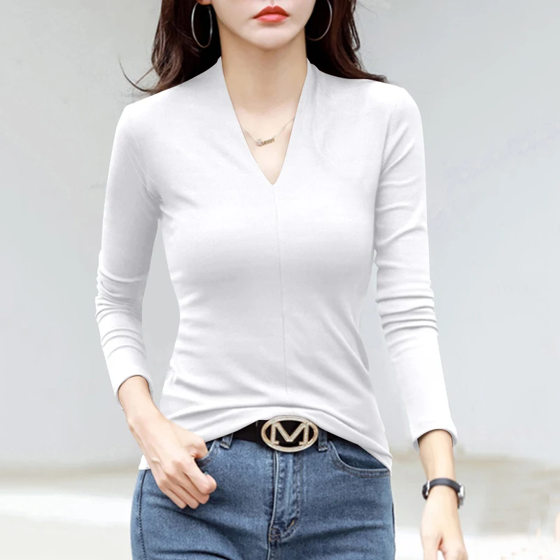 Damska dopasowana bluzka z długim rękawem, dekoltem w serek, modna warstwa bazowa, koreański styl, elegancka, do pracy, jednolita, na zimę.