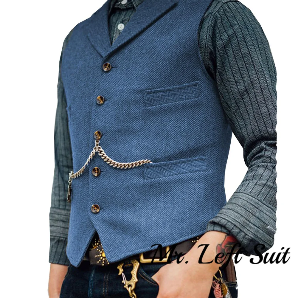 Mens Suit Vest Waistcoat Tweed Retro V Neck Wool Herringbone for Prom