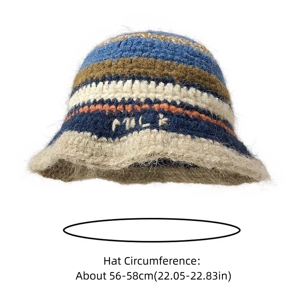 Topi Bucket Rajut Hangat, Topi Nelayan Bergaris Warna Kontras, Serat Akrilik, Gaya Korea, Topi Kerja Rajut, Cocok untuk Perjalanan