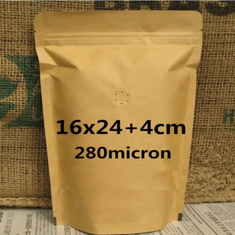 

50PCS 16x24x4cm Kraft Paper One-way Valve Ziplock Packaging Bag Resealable Coffee Beans Spice Snack Beaf Nuts Storage Pouches