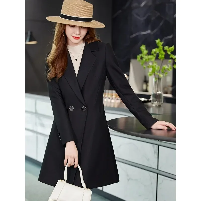 Women Autumn Winter Long Blazer Apricot Black Solid Office Ladies Female Work Wear Formal Jacket Coat