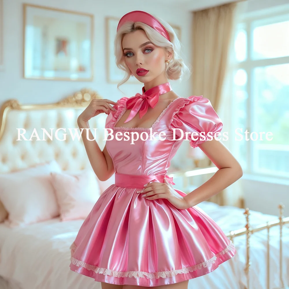 

Modest Pink Maid Dress With Belt Mini Short Satin Prom Dress Sexy Homecoming Cosplay Party Dress Chic Customized