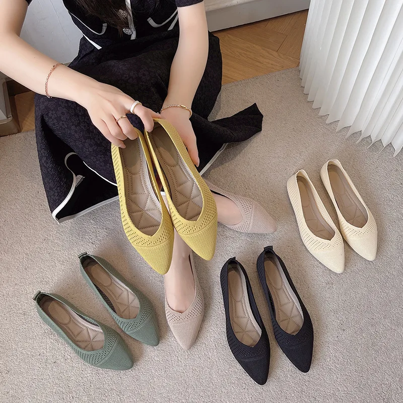 Flache Schuhe für Damenmode neue feste Farbe Stricken weibliche lässige Ballerinas Footware atmungsaktive Mesh Komfort Slipper