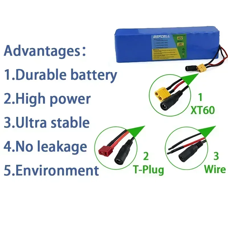 48V E-Bike Battery 10Ah 12Ah 15Ah 20Ah Li-ion Battery XT60 T-plug Wire Connector With BMS For 150W-1000W 13S3P Battery pack