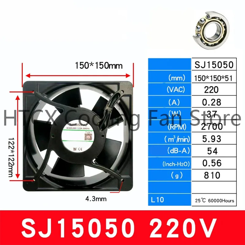 High Temperature Resistant All-Metal Cooling Fan Industrial Cabinet Electrical Cabinet Axial Fan 220V 0.28A 37W 150mm 150mm 51mm