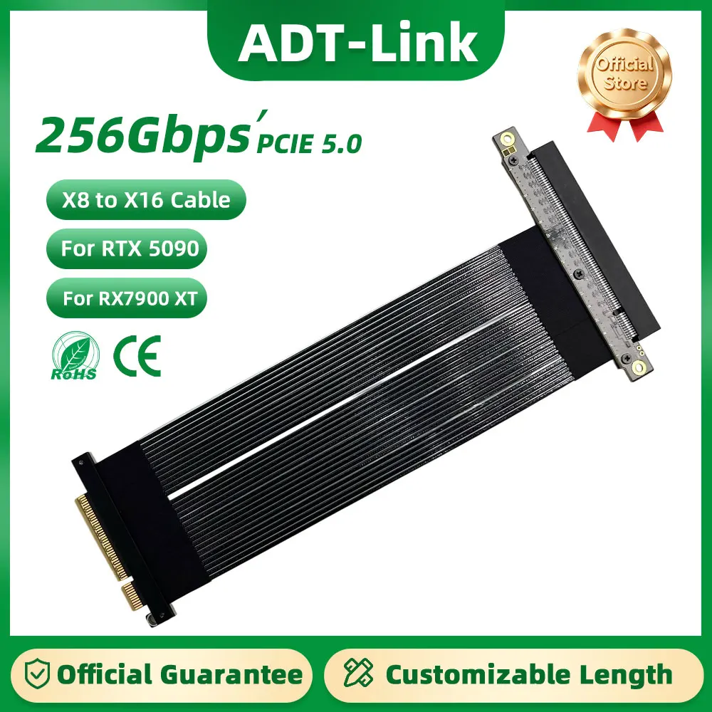

ADT-Link PCIE 5.0 X8 к X16 Удлинительный кабель-адаптер 256 Гбит/с Серверный мультикарточный графический процессор Gen5 для RTX 5090 и RX7900 XT Mining Riser