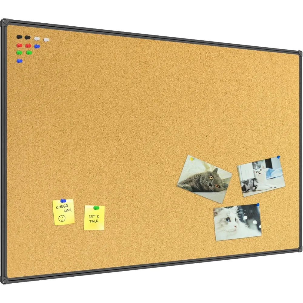 لوحة إعلانات من الفلين مقاس 36 × 24 بإطار من الألومنيوم الأسود مثبتة على الحائط للمكتب والمنزل والمدرسة مع دبابيس ضغط