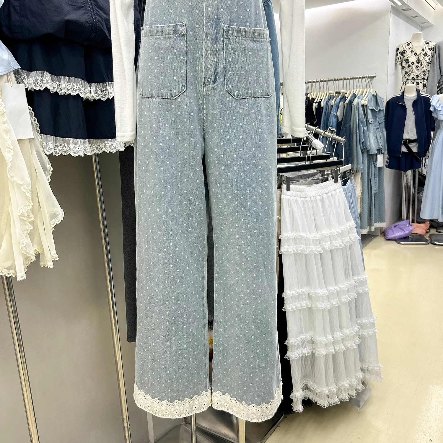 กางเกงขายาวทรงหลวมเอวสูงสไตล์เรโทร ลายจุด ผ้ายีนส์ สำหรับผู้หญิง ฤดูใบไม้ร่วง