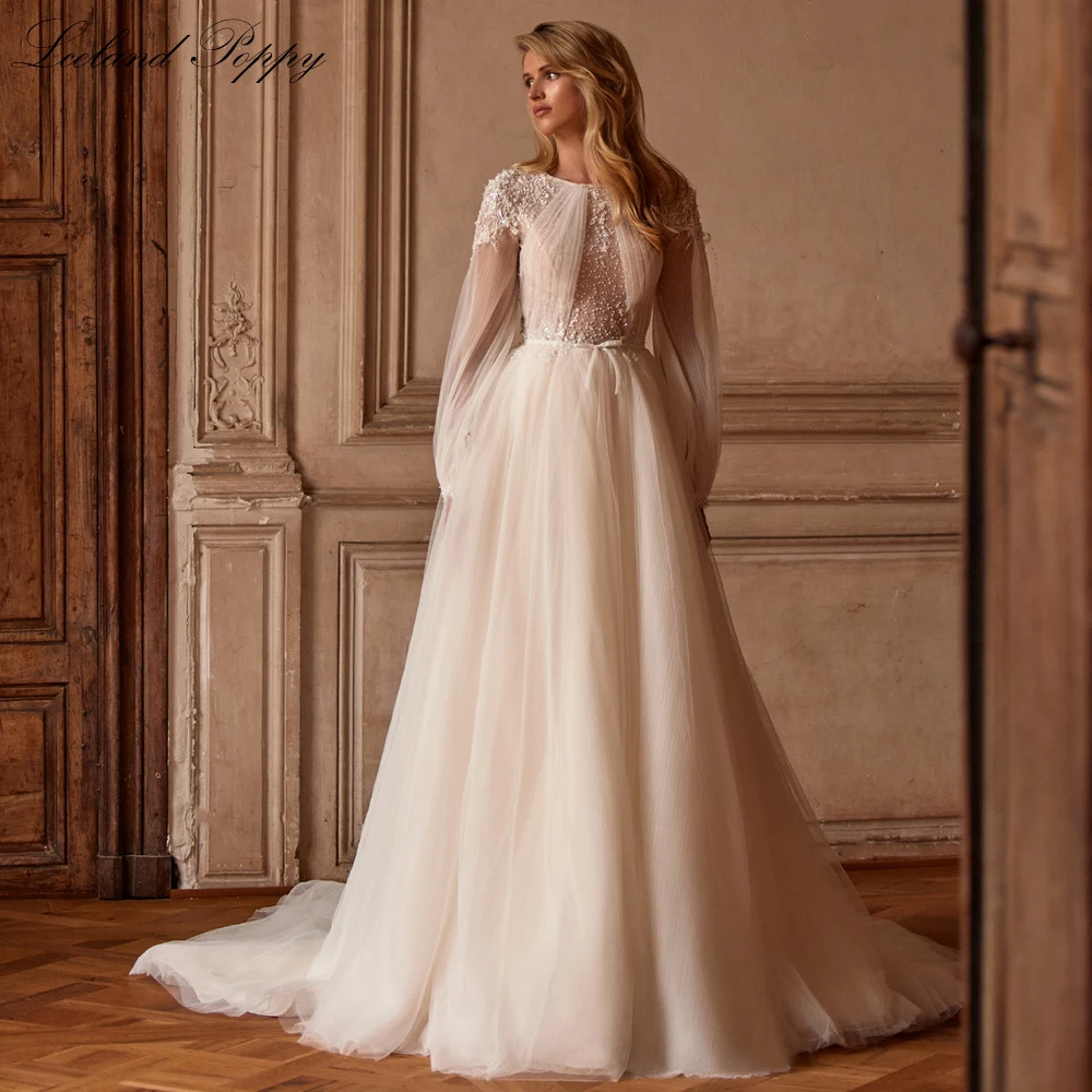 

Lceland Poppy A Line Scoop Neck Tulle Wedding Dresses 2024 Full Sleeves Beaded Illusion Bridal Gowns with Court Train