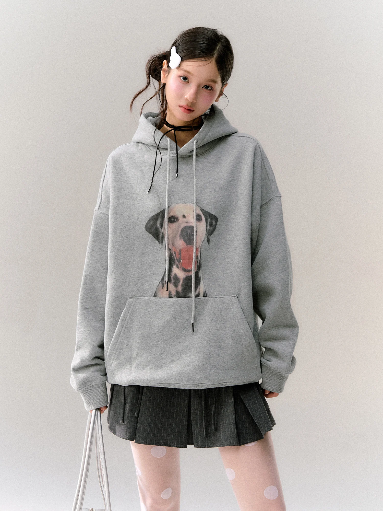 Guukahero Grey Dog Print Hoodie Women's Spring Loose Fit American Style Long Sleeve Crew Neck Sweatshirt Casual Wear