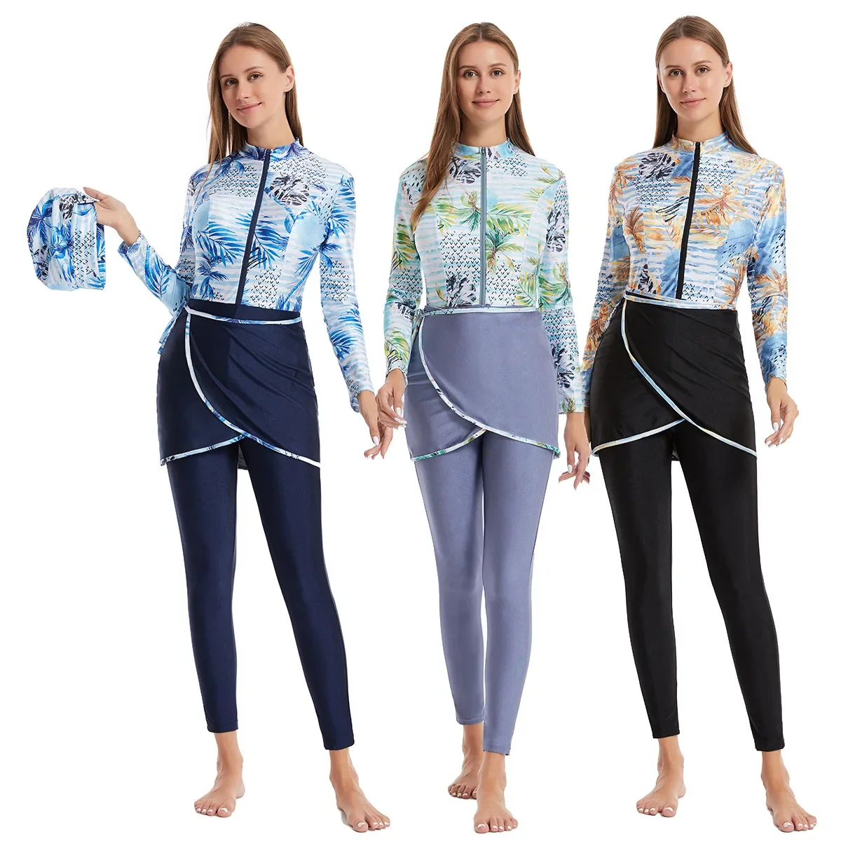 Women Muslim Swimwears Four Pieces Kaftan Zipper Cardigan Tops Elastic Waist Sheath Pants Sportswear Arab Dubai Bathing Cap