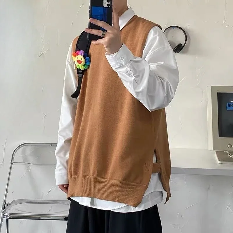 

Мужской вязаный жилет с открытым разрезом в гонконгском стиле, винтажный свободный крой, однотонный пуловер с круглым вырезом, верхняя одежда, модная повседневная верхняя одежда