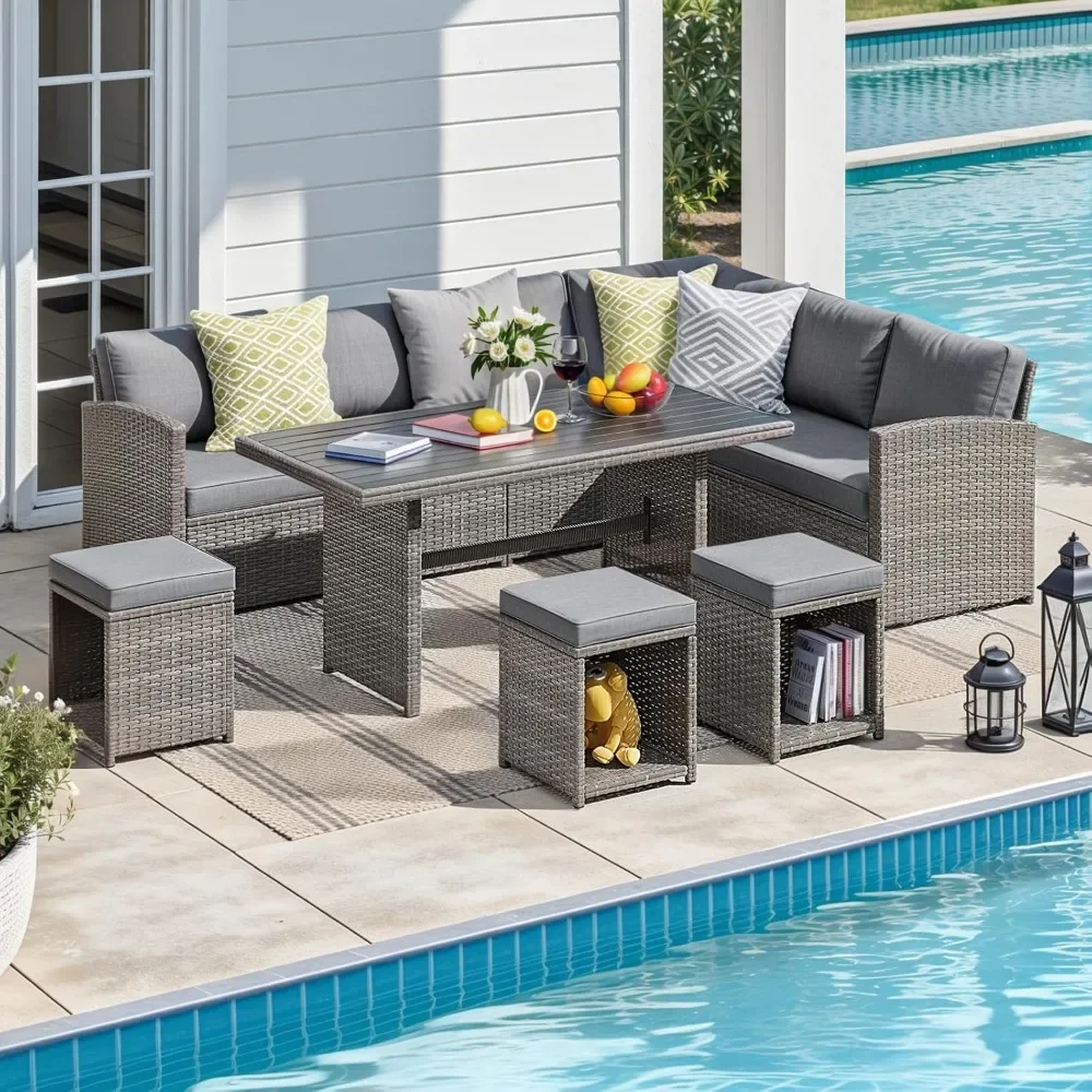 7 Piece Patio Dining Sofa Set, Outdoor Sectional Couch Set, Wicker Rattan Aluminum Desktop Dining Table & Chair with Ottomans