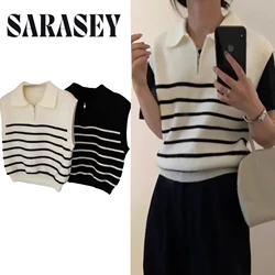 Korean Retro Lapel Zipper Stripe Knitted Vest Women Autumn Winter Sleeveless Sweater Casual 100% Polyester Pullover Outerwear