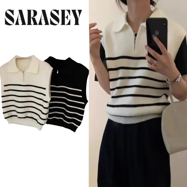 Koreańska Retro Kamizelka Dzianinowa z Klapami i Zamkiem Błyskawicznym w Paski Damska Jesienno-Zimowa Bez Rękawów Sweter Casualowy 100% Poliester Pulower Odzież Wierzchnia