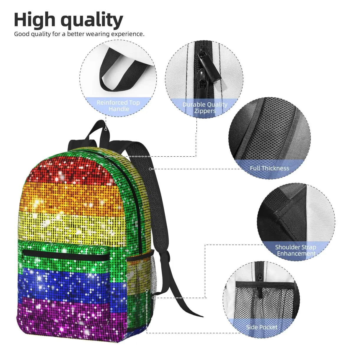 Faux Glitter Rainbow Pride Flag LGBT Gay Lesbian Backpack Daypack Large Capacity BookBag School Bag Shoulder Bags for Men Women