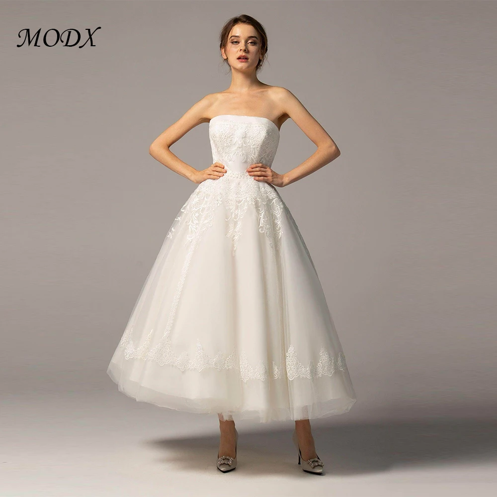 

MODX Customized Strapless Glitter Princess A line Wedding Dresses Women Sleeveless 3D Flowers Bride Sexy Bridal Gown Vestido