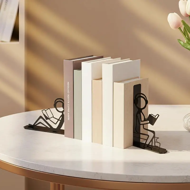 1 Pair Black Bookend Metal Abstract Book Display Stand Art Non-Slip Heavy Duty Book Ends Shelf Decor For Home Bedroom Room