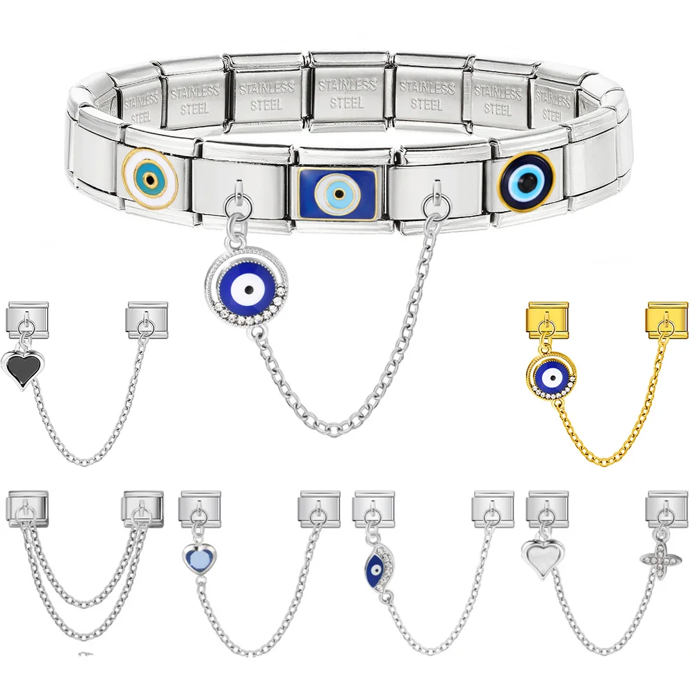 Fashion Love Heart Eye Double Hanging Chain Charm Link fit 9mm Stainless Steel Italian Bracelet DIY Women Men Jewelry Making