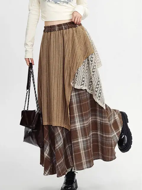 

Y2k Skirts Women Clothing 2025 Contrast Color A-line Fashion Korean Saia Lace Plaid Casual Long Skirt