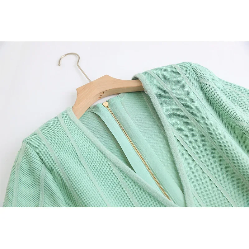 Flared Deep Cleavage Knitted Mini Dress in Sky Blue Spring Knit Mesh Stripe Dress V Neck Long Sleeve Mini High Quality Coat