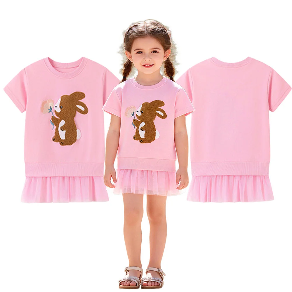 

Jumping Meters 2-7T Summer Princess Girls Dresses Bunny Animals Applique Party Birthday Kids Short Sleeve Children's Frocks