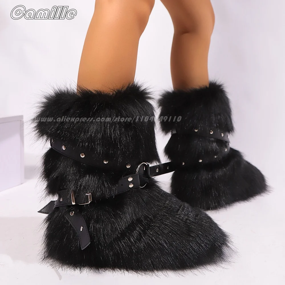 

Fur Short Plush Cross Belt Buckle Strap Snow Boots Winter New All-Match Casual Lady Keep Warm Boots Round Toe Sexy Mid Heel Boot